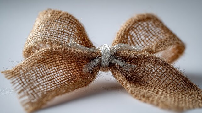 Crafty burlap bow with shiny silver thread on a white backdrop
