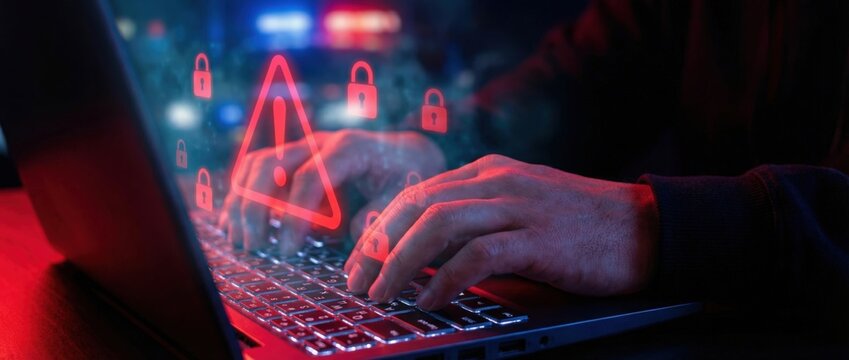 Cybersecurity breach detection digital workspace photo urban environment close-up view data protection awareness campaign