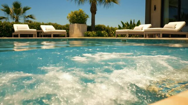 Tranquil pool with lounge chairs under palm trees, reflecting sunlight