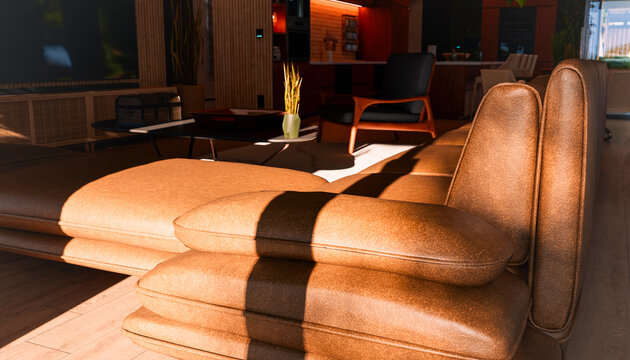 Sunlit modern minimalistic living room interior with sofa and table