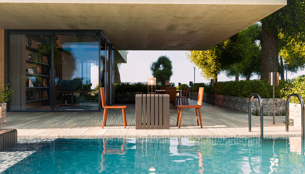 Modern house with garden pool and patio furniture outdoors in summer