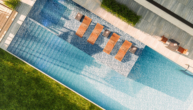 Modern house with tranquil pool garden and sunbeds outdoors in summer