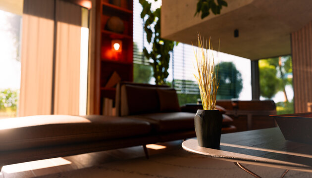 Modern minimalistic living room with sunlight and tranquil decor