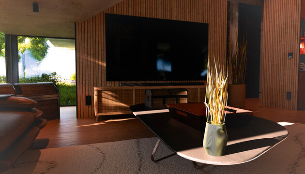 Modern minimalistic living room interior with sunlight and tranquility