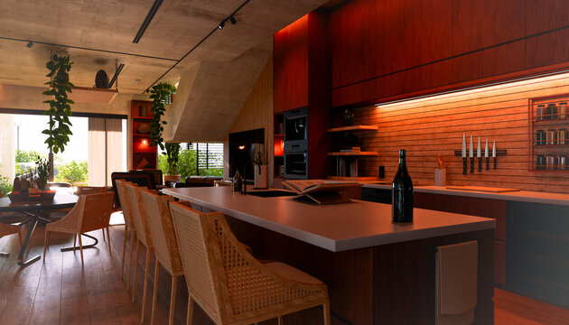 Modern minimalistic kitchen interior with warm light and sustainable style