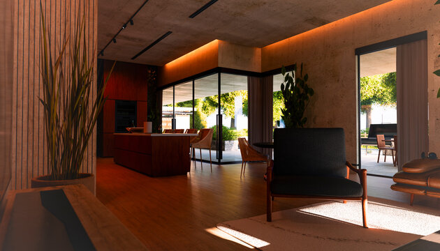 Modern minimalistic living room and kitchen interior with sunlight