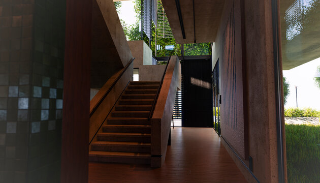 Modern luxury house interior with staircase and natural lighting