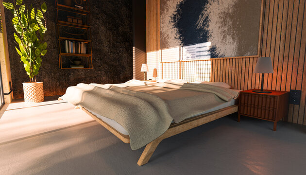 Modern minimal bedroom with sunlight and wooden floor interior