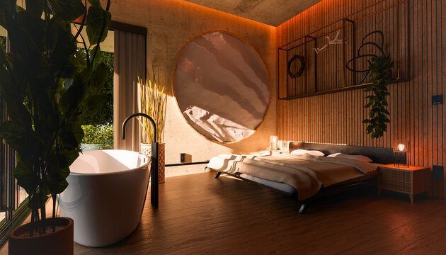 Modern minimalist bedroom with freestanding bathtub and large window