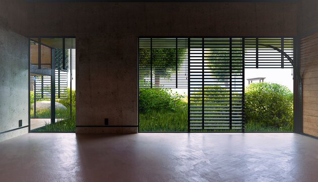 Empty modern bedroom with large windows and blinds overlooking garden