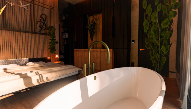 Modern sunlit bedroom interior with freestanding bathtub and plants