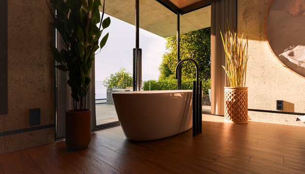 Modern bathroom with freestanding bathtub and large window