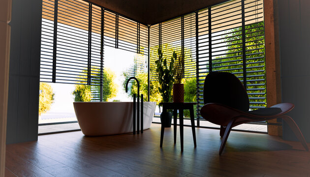 Modern bathroom with panoramic window wood floor and minimalist design