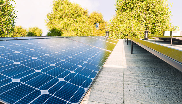 Solar panels on rooftop for sustainable renewable energy outdoors