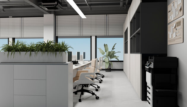 Modern minimalistic office interior with computer workstations and plants