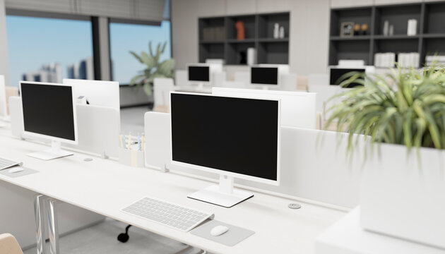 Modern minimalistic office interior with computer workstations and open workspace