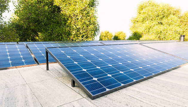 Solar panels on rooftop generate renewable energy in sunny outdoor setting