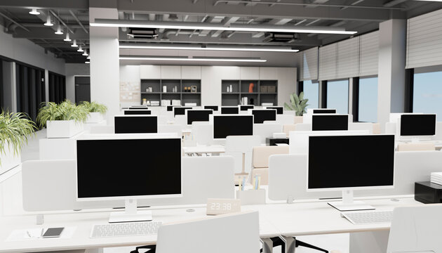 Minimalistic modern open workspace with computer workstations