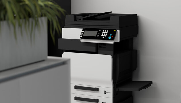Office printer copier machine in modern workspace emphasizing efficiency