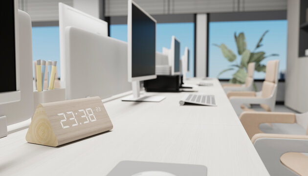 Modern minimalistic office with computer monitors and digital desk clock