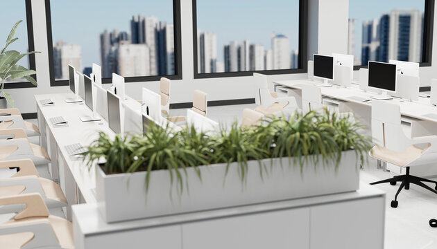 Modern minimal office workspace with computers and city view