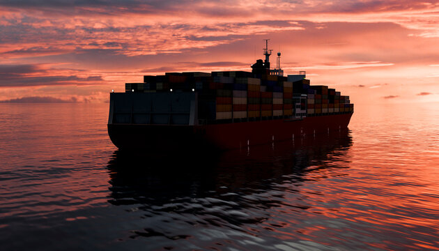 Cargo ship transporting containers on ocean at sunset with copy space