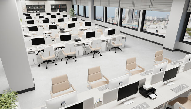 Modern minimalistic open office interior with computer workstations