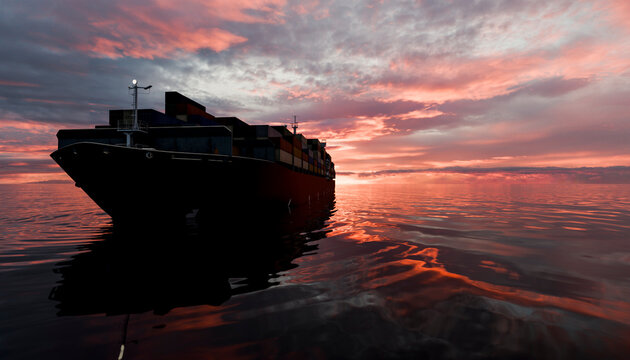Cargo ship sailing at sunset with colorful clouds and reflections