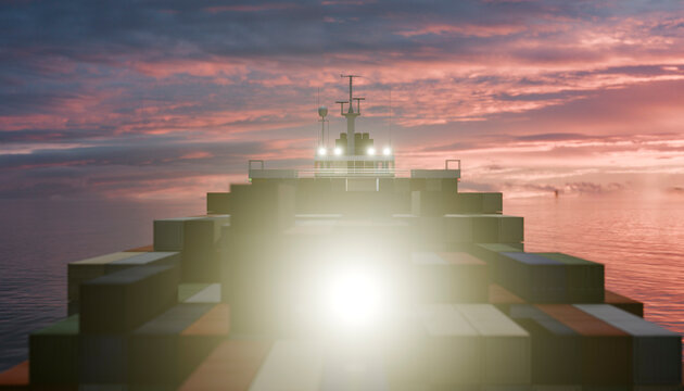 Container ship transporting cargo at sea during sunset