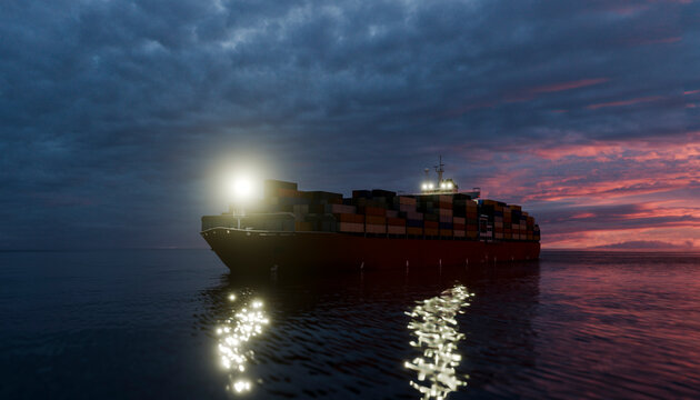 Modern container ship with navigation light at nightfall