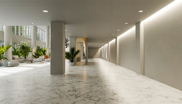 Modern minimalistic hotel reception lobby with marble floor and indoor plants