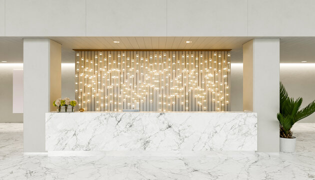 Modern marble hotel reception with minimalistic design and copy space