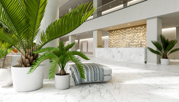 Modern hotel lobby reception with marble floor and indoor plants