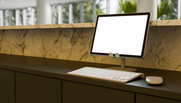 Modern hotel reception desk with computer monitor and keyboard