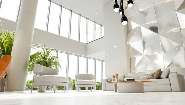 Modern minimalistic hotel reception lounge with geometric wall and copy space