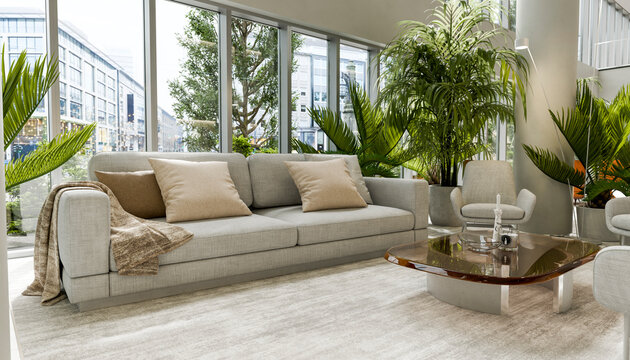 Modern hotel reception with sofa and plants in bright minimalistic interior