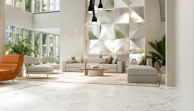 Modern minimalistic hotel reception with geometric wall and stylish seating