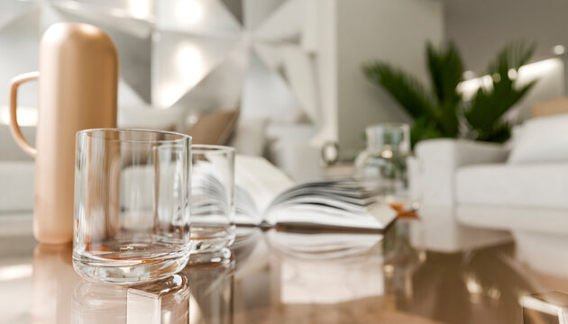 Modern minimalistic hotel reception with glassware and plant