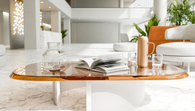 Minimalistic modern hotel reception lounge with marble table and sofa