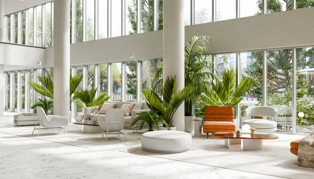 Modern hotel lobby with minimalist interior and indoor plants