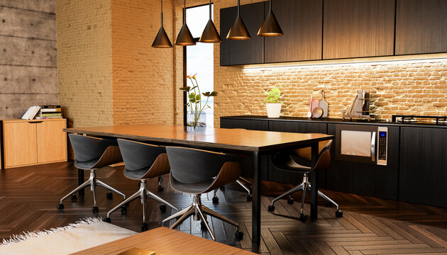 Modern loft kitchen with black interior, wooden table and chairs