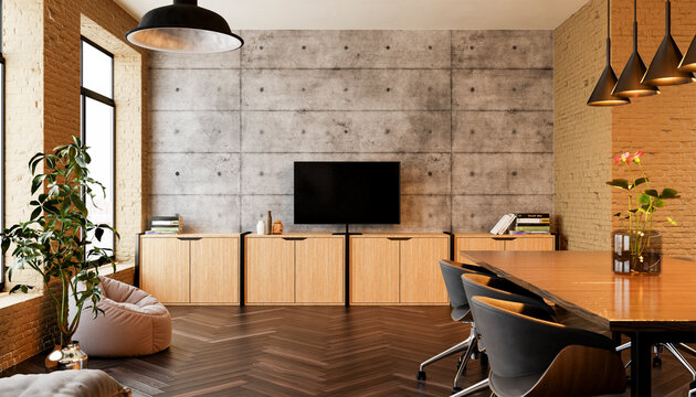 Modern living room interior with television and wooden cabinet