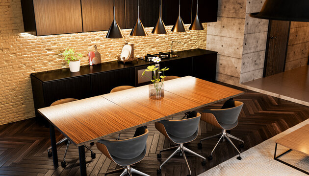 Modern loft kitchen and dining area with wood and minimalist design
