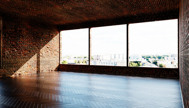 Minimalist empty room with brick walls and panoramic windows in sunlight