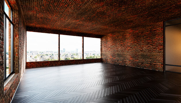 Spacious modern loft interior with brick walls and large windows