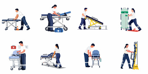 Flat vector illustrations of paramedics operating and transporting medical stretchers and gurneys in various emergency response scenarios. © Reno