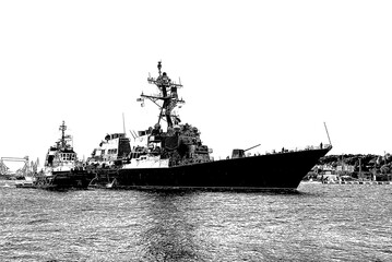 GUIDED MISSILE DESTROYER - An American warship is maneuvering in port  © Wojciech Wrzesień