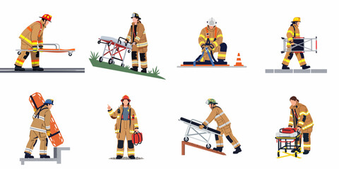 Fototapeta premium Flat Vector Illustration Set of Firefighters Performing Rescue Operations with Medical Stretchers, Gurneys, and Equipment on White Background