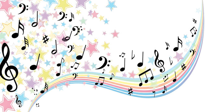 Bright rainbow wave with floating music symbols and starbursts