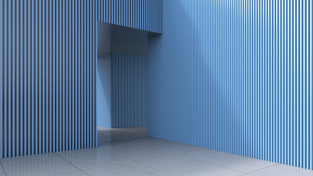 Modern blue architectural interior with geometric striped entrance
